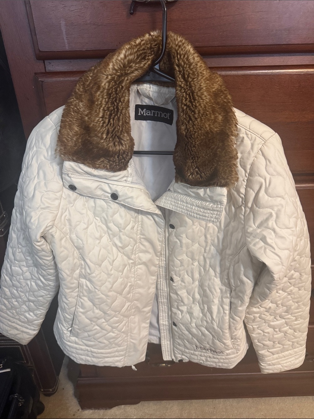 Marmot Cream Quilted Puffer Jacket with Brown Faux Fur Collar